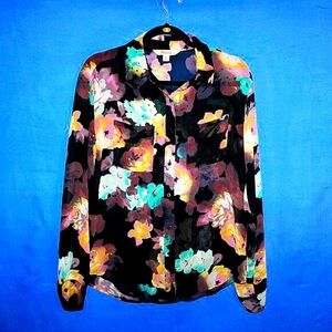 Decree Sheer Floral Print Button-Up Blouse - Women's Size M - Multicolor Pastel